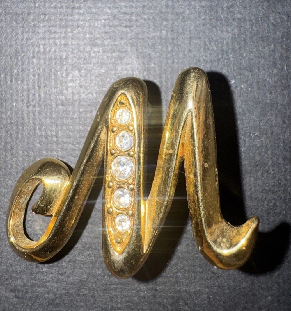 Vtg signed AVON Rhinestone Initial Letter "M or W" GoldTone Brooch Pin Monogram